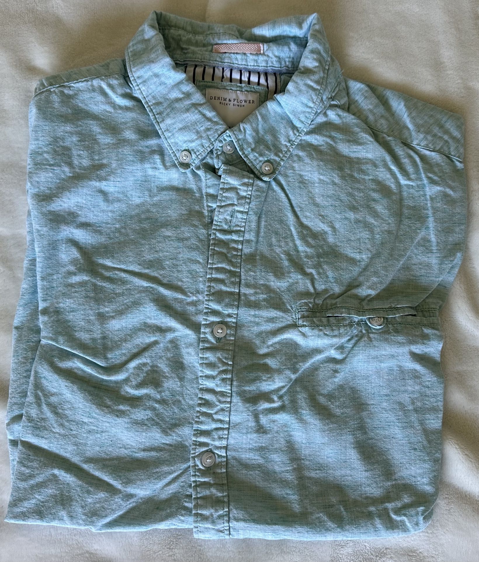 Men’s Denim And Flower, Turquoise, Button-Down, Short Sleeve Shirt, Size Xl