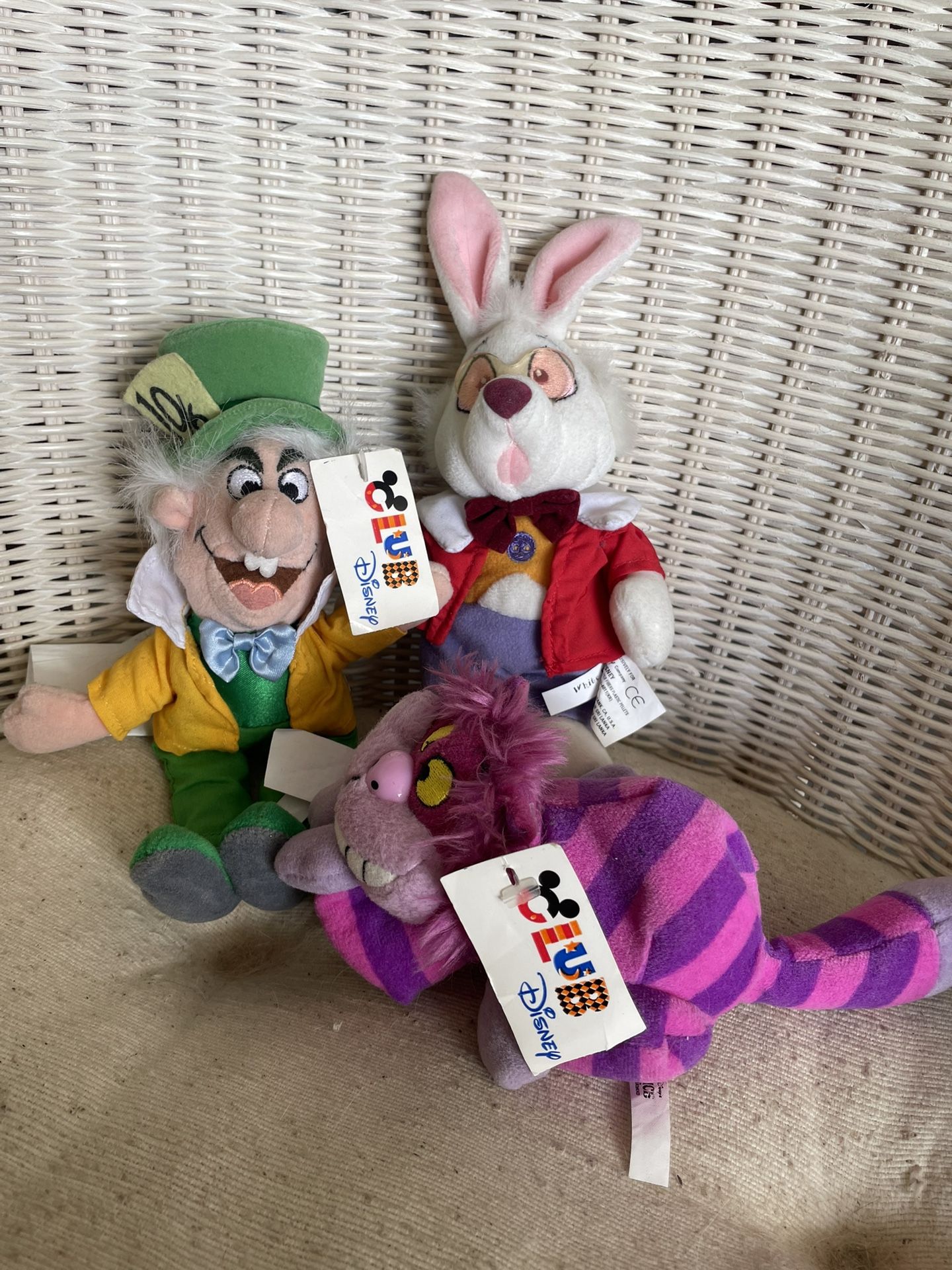 Disney Store Alice in Wonderland 8 in plushies- Cheshire Cat, Mad Hatter, Rabbit