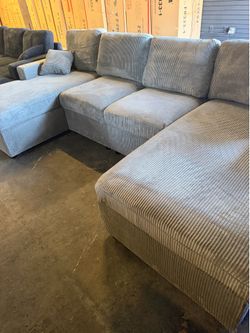 Gray Corduroy Sofa Sectional Couch Double Chaise!