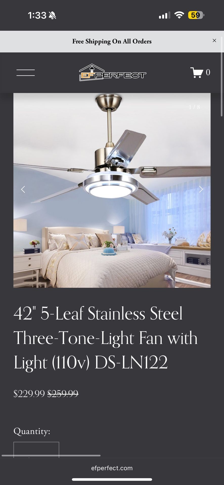 NEW IN BOX! 42" 5-Leaf Stainless Steel Three-Tone-Light Fan with Light
