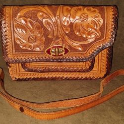 Vintage Mexican Large Leather Floral Hand Tooled Purse Brass/Enamel Closure READ