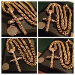 14K Gold Plated Miami Cuban Chain With Crucifix Pendant