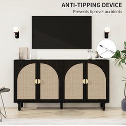 Black Rattan Sideboard buffet Cabinet 4 Door Boho Ratan storage Cabinet, Coffee Bar With Adjustable Shelf, Accent Furniture 
