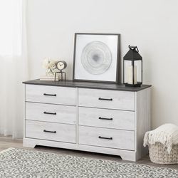 Prepac Rustic Ridge Farmhouse 6-Drawer Double Dresser, Washed White Dresser for Bedroom, Chest of Drawers with 6 Storage Drawers, 53.25” wide x 18.25”