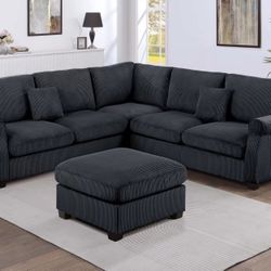 Brand New Black Corduroy Sectional Sofa w Ottoman 
