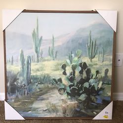 NEW with Tags~Framed cactus landscape painting with a serene desert scene~31 x 31~with back hooks~