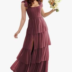 Bridesmaid Dresses with Slit A Line Square Neck Layered Formal Dress