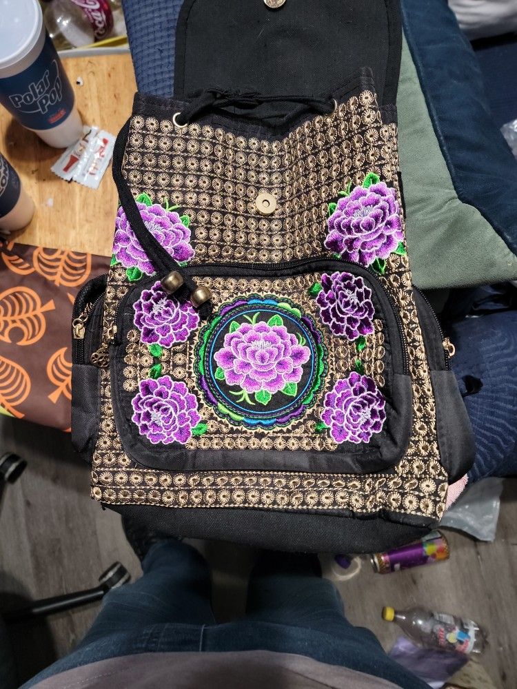 Mexican Purple Flower Embroidered Backpack Purse