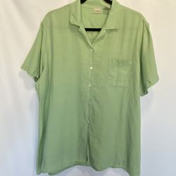 L.L. Bean Linen Top Shirt Women's XL Reg Short Sleeve Camp Button Front Green