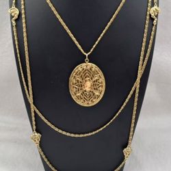 Vintage Large Victorian Ornate Cameo Locket Pendant on Triple Strand Necklace