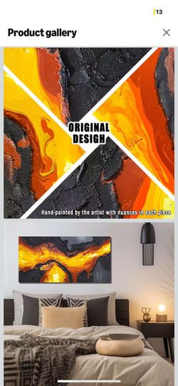 Abstract Wall Art for Living Room, Hand Painted 3D Textured Magma Paintings, Black and Gold Yellow Volcanic Lava Canvas Wall-Decor for Bedroom, Size 4