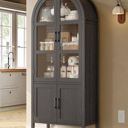 ONBRILL 71" Tall Arched Cabinet, 5-Tier Arched Kitchen Pantry with Glass Doors & Shelves, Modern Display Arch Cabinet with Adjustable Feet, Wooden Pan
