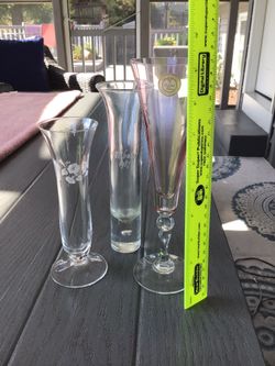 Vintage Avon 24% Lead Crystal Hummingbird Vase, Pink Crystal Clear Champagne Glass, 1987 Bud Vase 