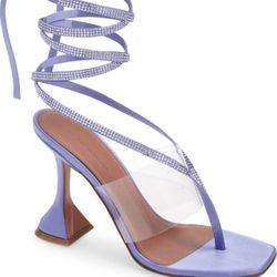 Amina Muaddi Zula Satin Lilac Provence Crystal Ankle Wrap Sandals size 38