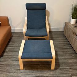 IKEA POÄNG Armchair with Ottoman - Dark Blue / Birch