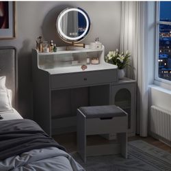 Vanity Desk with Rotatable Mirror and Lights, Makeup Vanity Set with Large Drawer and Storage Cabinet, 3 Lighting Colors, Modern Dressing Table with C