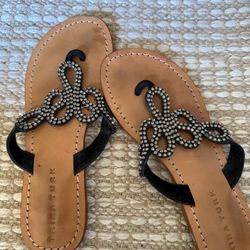 Trina Turk Black and Crystal rhinestone flats slides Sandals strappy women’s 7