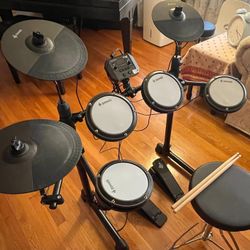 Electronic Drum Set with 4 Quiet Mesh Pads, 2 Pedals, Throne, Headphones, Sticks