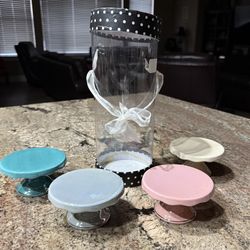 NEW GRACE’S TEAWARE 4 porcelain Cupcake Stands teal gray, pink and cream. 4 inches in diameter each. Weddings, bridal shower baby shower Decorations