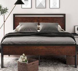 CLEARANCE 14 Inch King Size Metal Platform Bed Frame with Wooden Headboard and Footboard, Mattress Foundation, No Box Spring Needed, Large Under Bed S