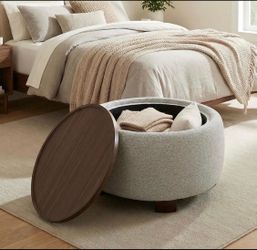 Round Ottoman w/ Solid Wood Top and Legs - VK413BEI