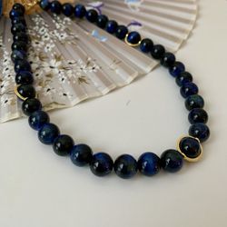 *New* Elegant Dark Blue Tiger’s Eye Stone (10mm) Necklace / Choker With 18K Gold Plated Circle Separators, 16.5”