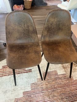 Set of 2 Brown Suede Mid Century  Dining Chairs, Black Metal Legs
