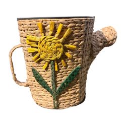 Woven Watering Can Planter – Sunflower or Dragonfly – 18" Hand-Woven Basket Planter w/ Liner