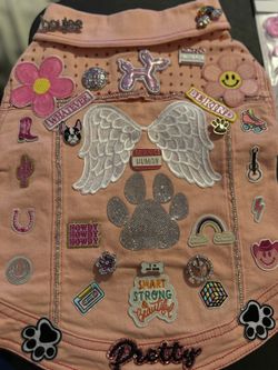 Brand New Med Pink Hand Patched Dog Jean Jacket 