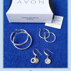New AVON Silver-Tone Every Day Hoop Earring Trio Set 