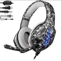 J1 Gaming Headset For PS4 , PC, XBOX, Noise Canceling Over Ear Headphones With Mic. Led Light. Bass Surround Soft Memory Earmuffs. Good For Mac Laptop