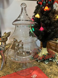 Vintage Glass Christmas Tree 🌲 Apothecary Pedestal Base. Candy Jar Two Piece Clear