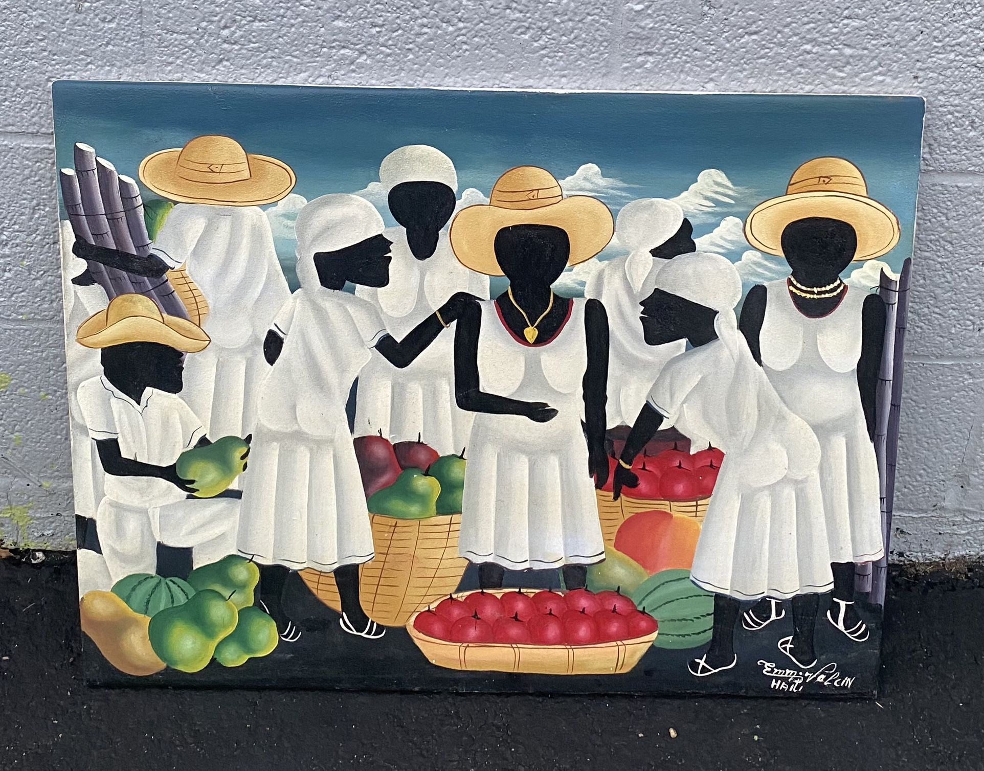 Vintage Painting Signed Emme Valcin Haiti ~ Fruit Market Scene 30” x 23”