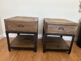 Pair of Rustic Wood & Metal Nightstands with Drawer