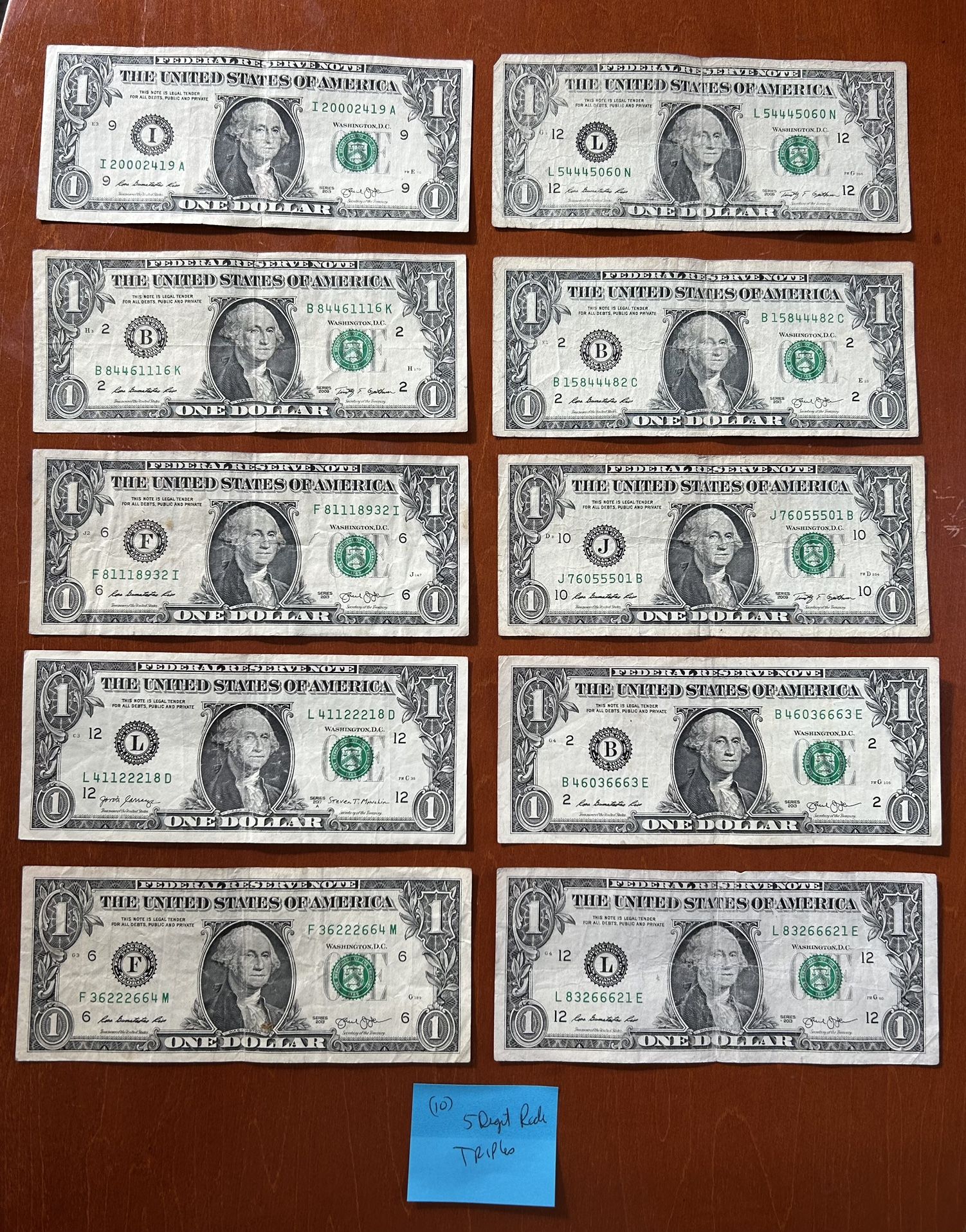 10 Dollar Bill Special Serial Numbers 5 Digit Radar Triple