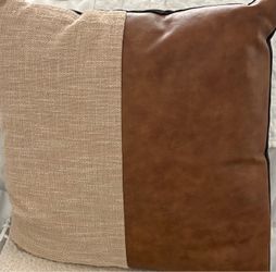 2 Two-Tone Faux Leather and Linen Throw Pillow