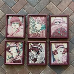 Vintage Mcm 80s Deco Needlepoint Vogue Portrait Lot Framed Wall Art Decor 