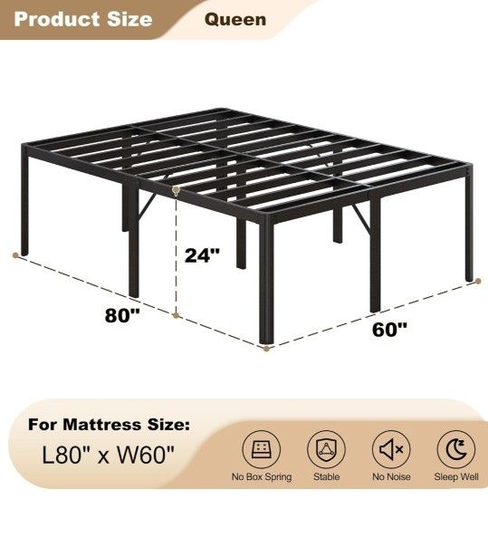 24 Inch High Queen Bed Frame with Rounded Corner Heavy Duty Metal Bed Frame Queen Size Under Bed Storage Space No Box Spring Needed Noise Free Eas