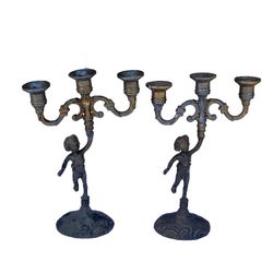 Pairs Vintage metal candlesticks 3 branches, candelabra, vintage metal candlestick, candlestick candlestick, Mid Centuy, 1950