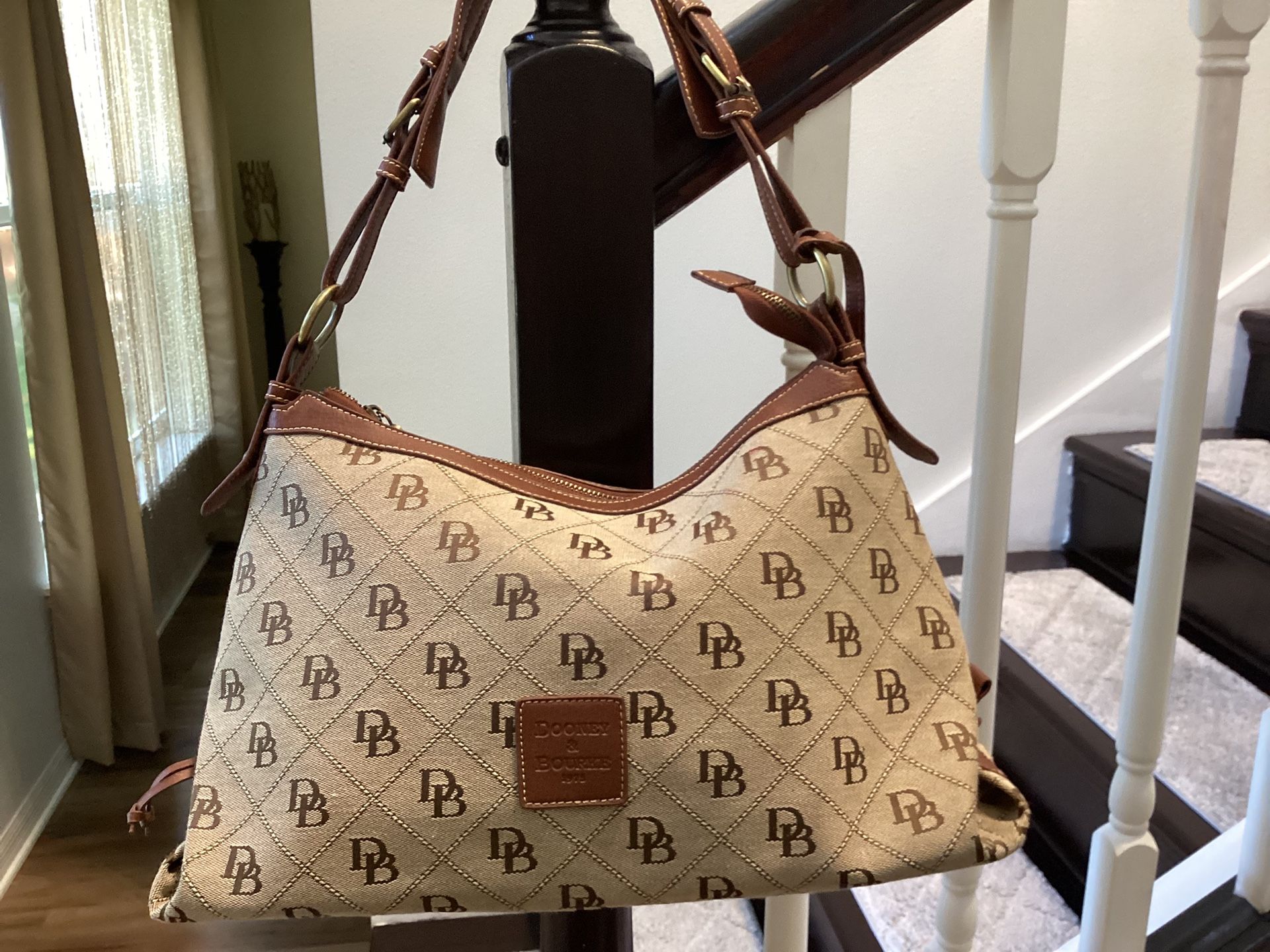 Vintage Dooney & Bourke Brown Leather and Fabric Monogram Hobo Shoulder Bag