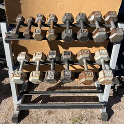 5-40lb Hex Iron Dumbbell Set With Rack 290lbs