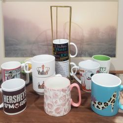 Collection Of Decorative Coffee Mugs (11) Plus Brass Colored Metal Stand!