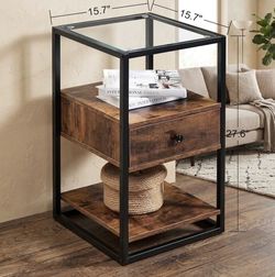 3-Tier Nightstand / End Table with Glass Top & Drawer – Rustic Brown & Black