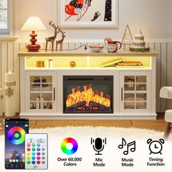 Fireplace TV Stand with Power Outlet and LED Light, Entertainment Center with Open Storage Shelves for TVs up to 65 Inches, 23inch Electric Fireplace,