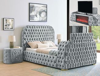 💥New GREY Upholstered FIREPLACE/TV LIFT Bed Frame King Queen $10 DOWN