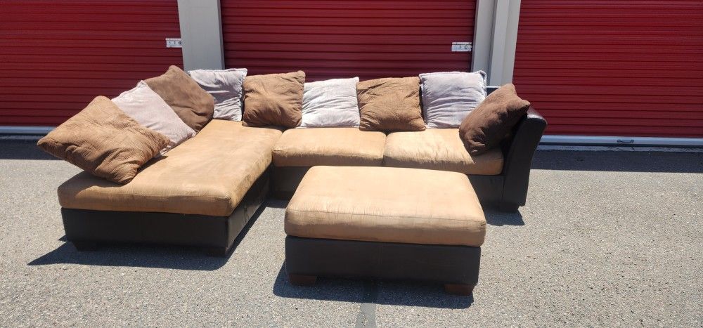 Leather Brown 2 Piece Secional With Ottoman.