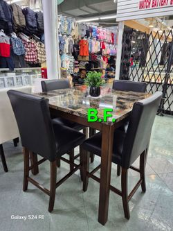 🎲 Dining Set 5 Pc, Brown Faux Marble Top, Leather Chairs, Counter Height, New in the Box.