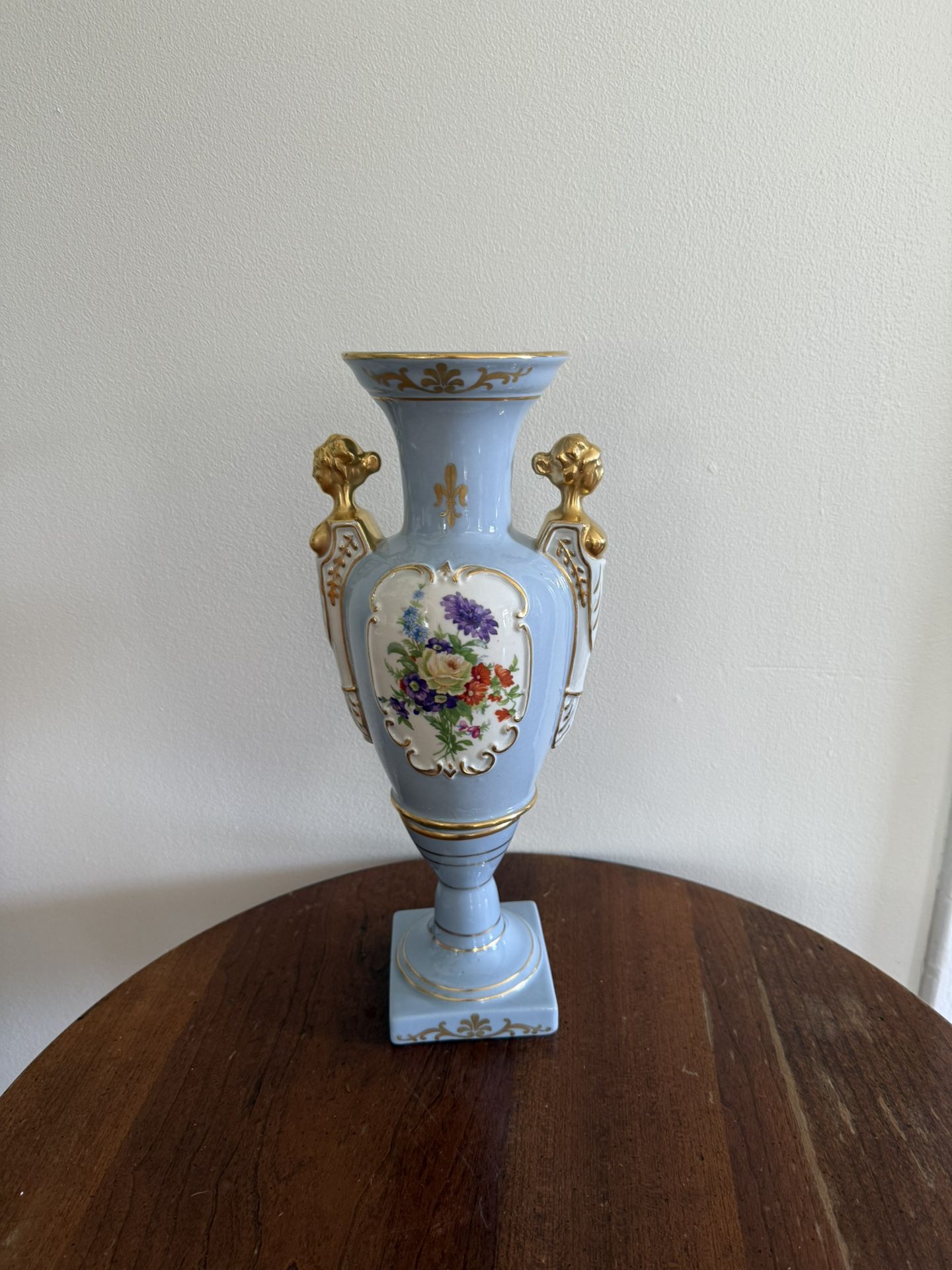 Vintage ST REGIS Blue Porecelain Vase 13.5" Hand Painted Flower Gold Busts