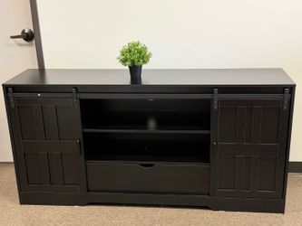 66"L TV Stand , Mid Century Modern Entertainment Center with Sliding Barn Doors and Large Storage Drawer (Black) Very good quality.  ✅Dimensions：16"D 