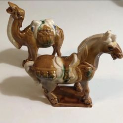 Mid Century Chinese War Horse & Camel Figurine Tang Dynasty Style